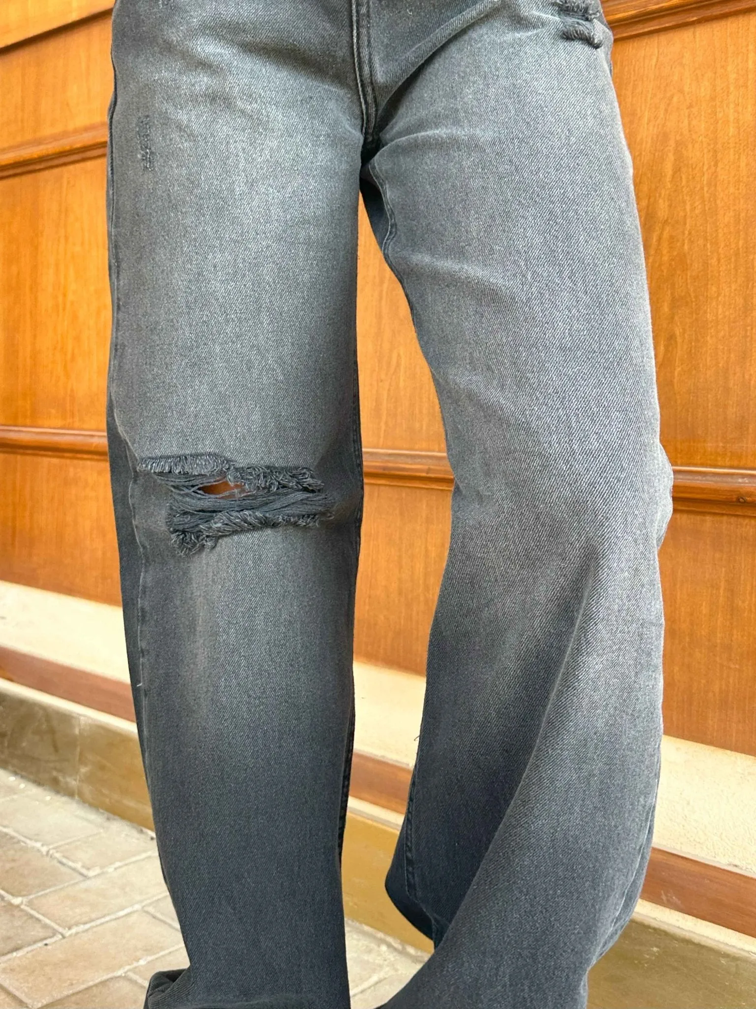 Wide Leg - Distressed Dark Grey Wash jeans.