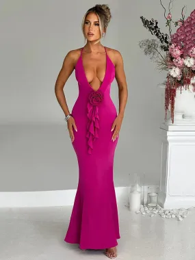 Wjczt 3D Flower Deep V Neck Sexy Maxi Dress For Women Fashion Spaghetti Strap Sleeveless Backless Club Party Sexy Dress