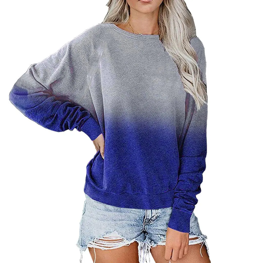 Women gradient color long sleeve pullover crewneck sweatshirt