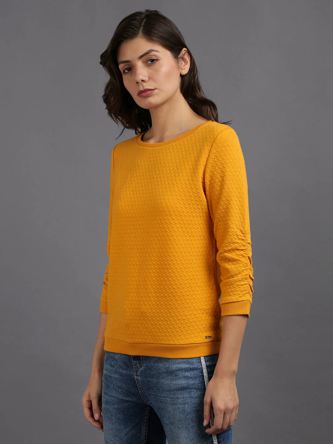 Women Solid Yellow Cotton Pullover Sweatshirt