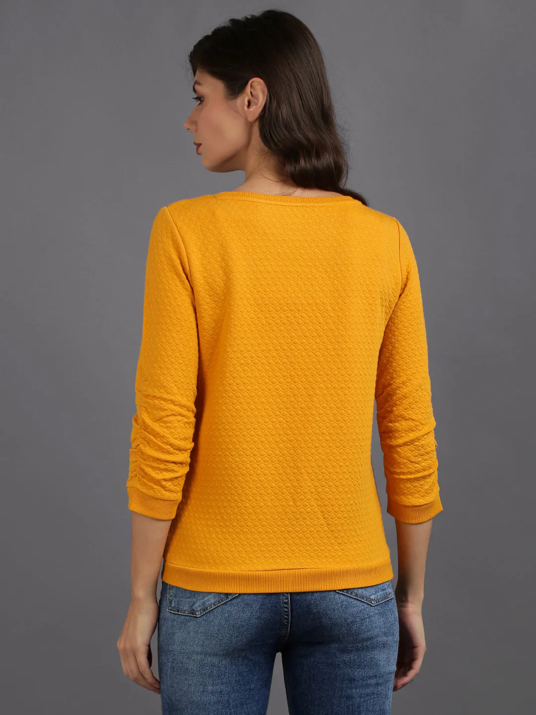 Women Solid Yellow Cotton Pullover Sweatshirt