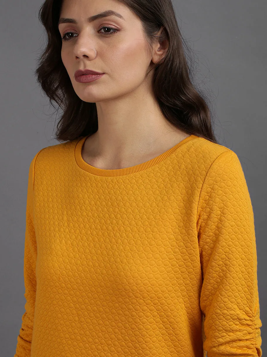 Women Solid Yellow Cotton Pullover Sweatshirt