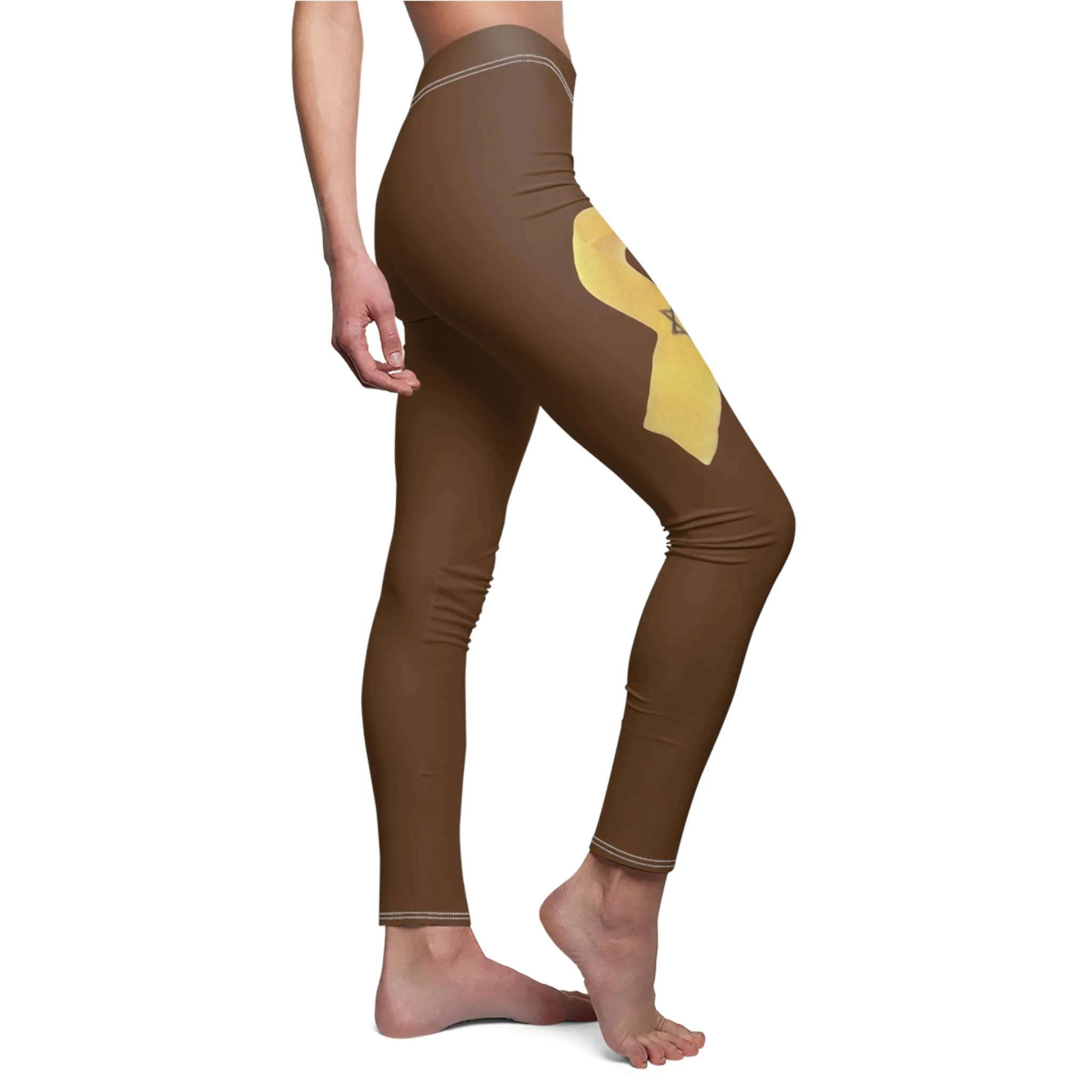 Women's Cut & Sew Casual Leggings, Brown - Yellow Ribbon 'Bring Them Home Now' Art, by Chaia Malana