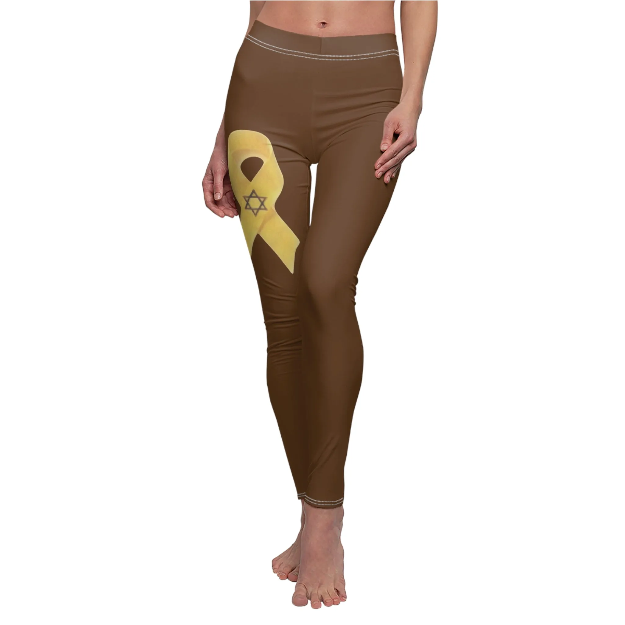 Women's Cut & Sew Casual Leggings, Brown - Yellow Ribbon 'Bring Them Home Now' Art, by Chaia Malana