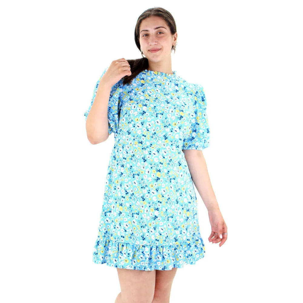 Women's Floral Ruffle Hem Short Dress,Blue