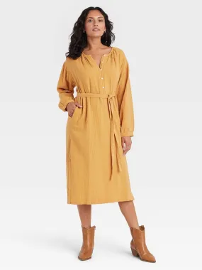 Women's Plain Solid with Belt Dress,Mustard