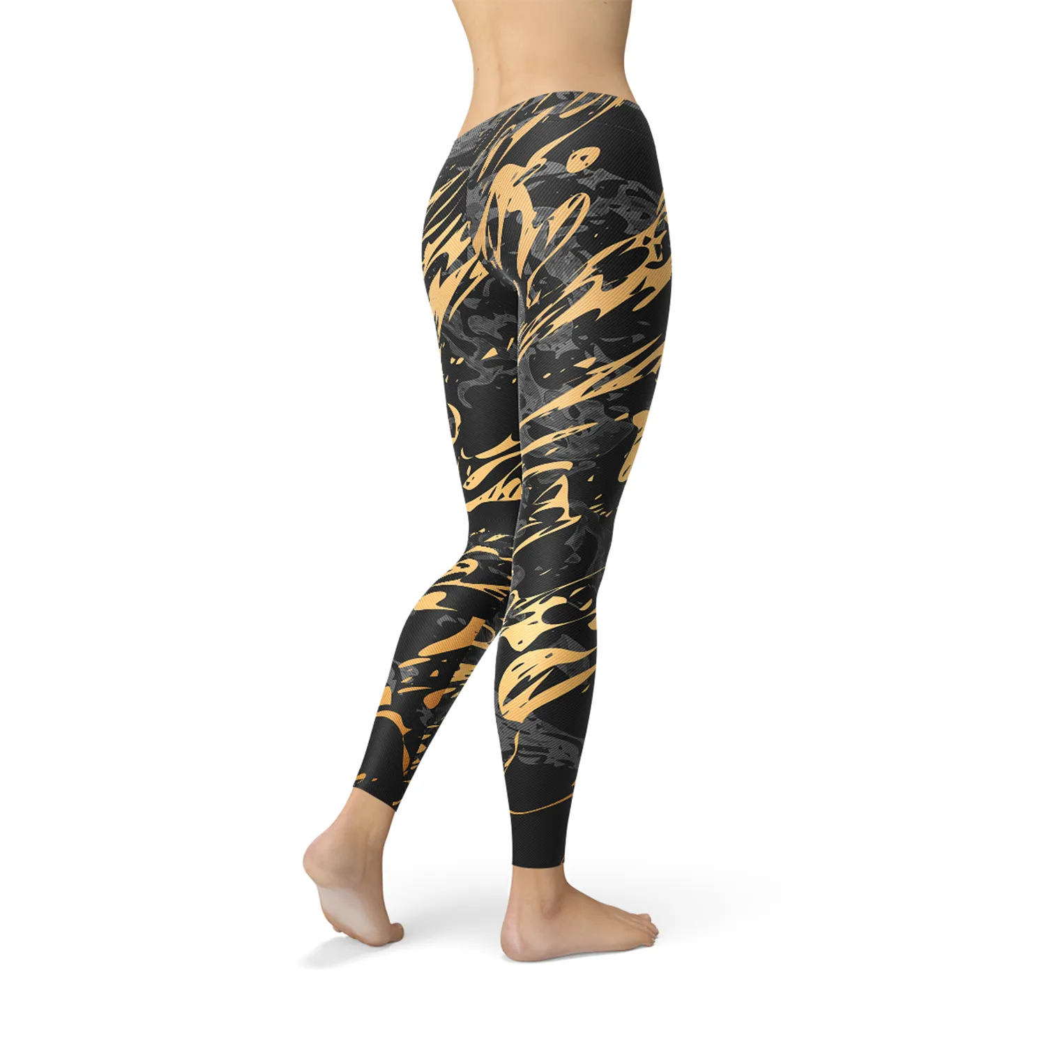 Women's Premium Black Marble Leggings with Gold Accents