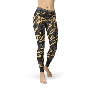 Women's Premium Black Marble Leggings with Gold Accents