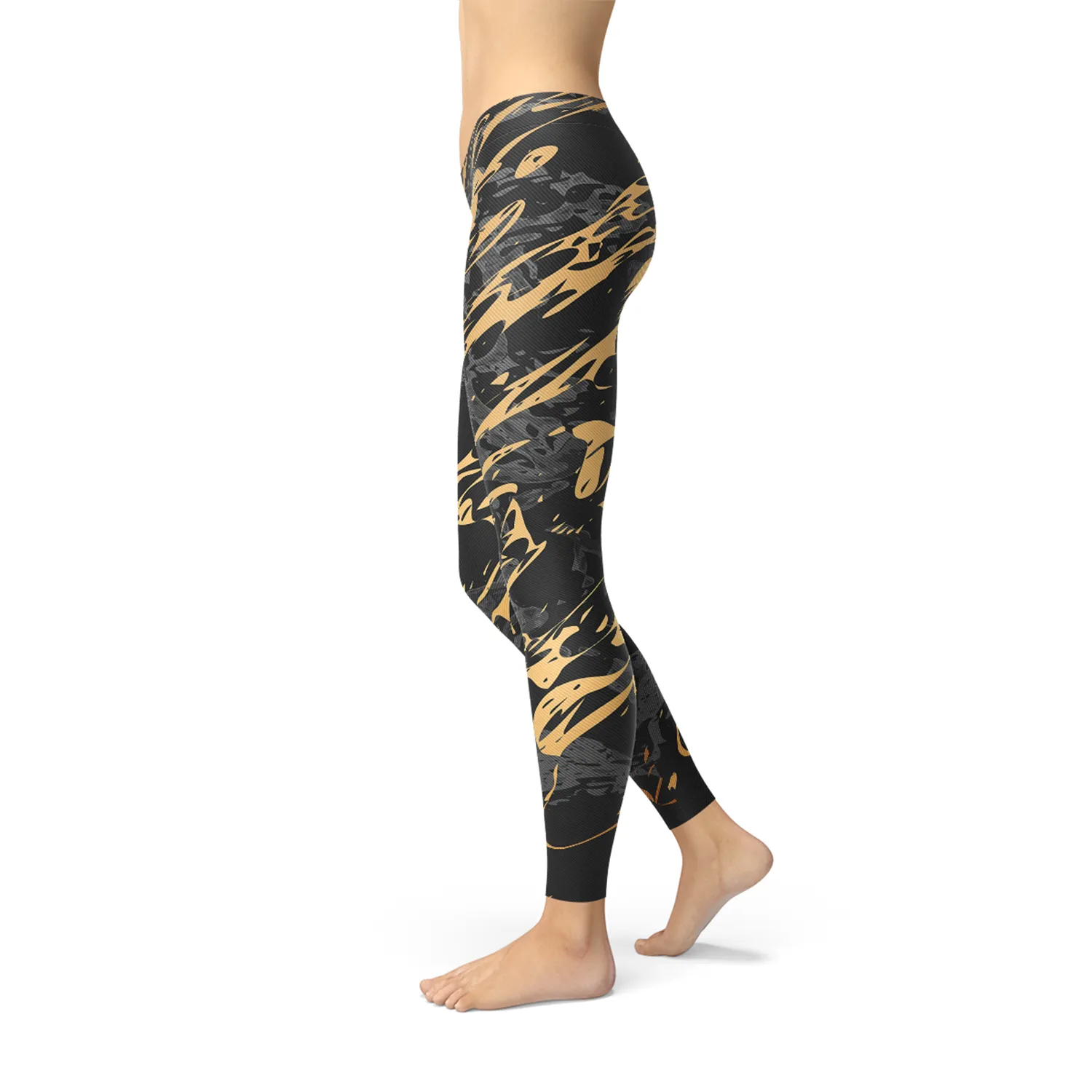 Women's Premium Black Marble Leggings with Gold Accents