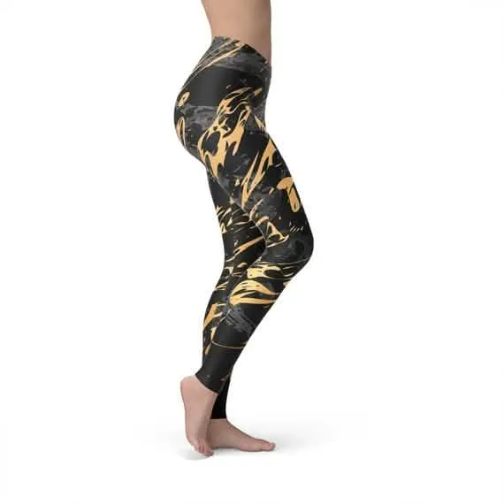 Women's Premium Black Marble Leggings with Gold Accents