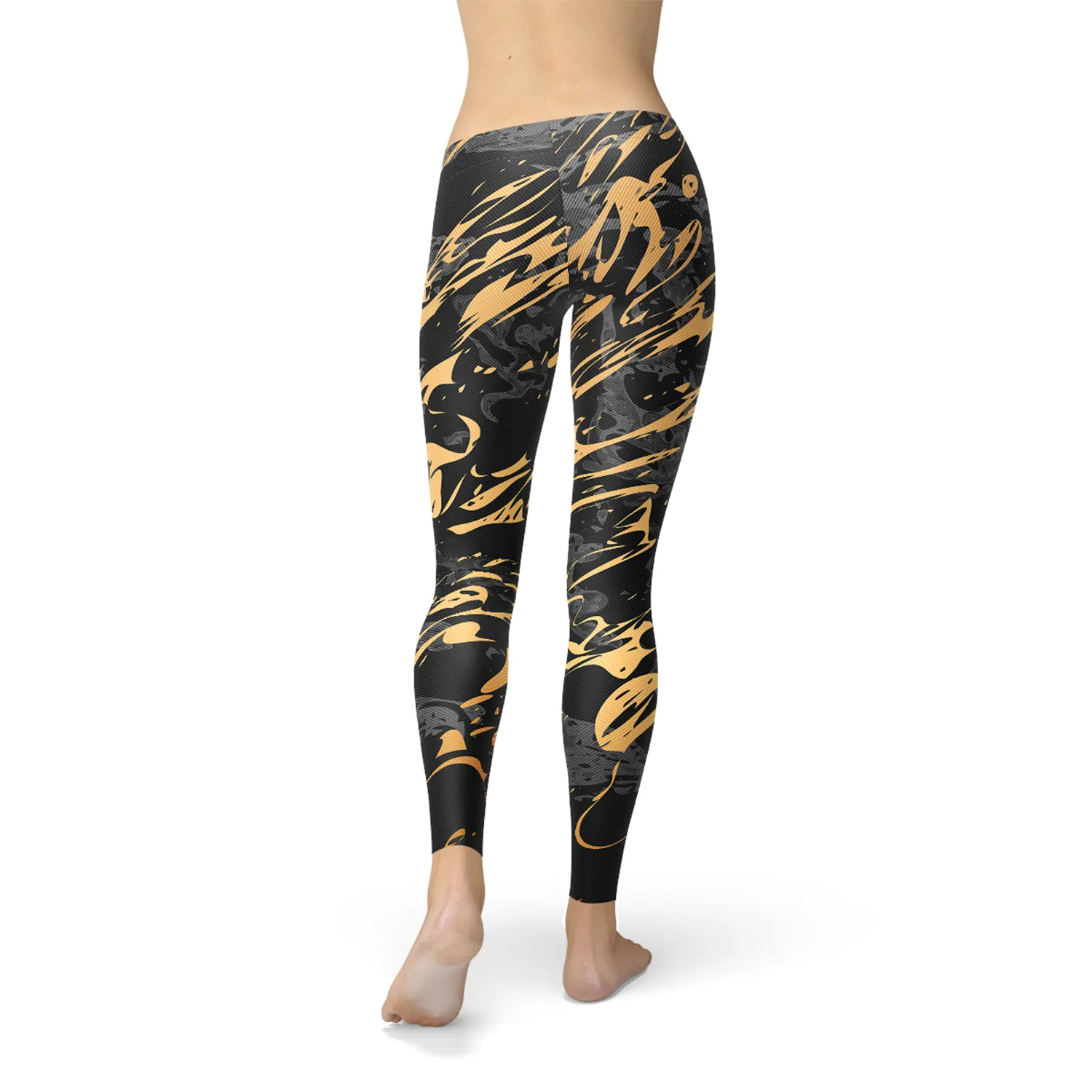 Women's Premium Black Marble Leggings with Gold Accents