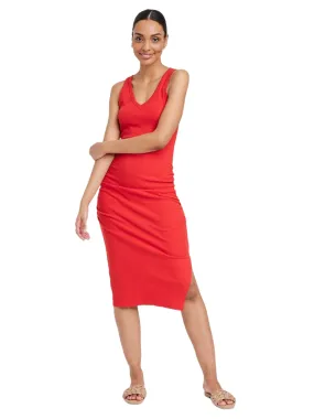 Women's Side Ruched Ribbed Dress,Red