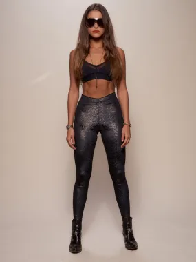 Women's Velvet Leggings | Black Metallic Snakeskin