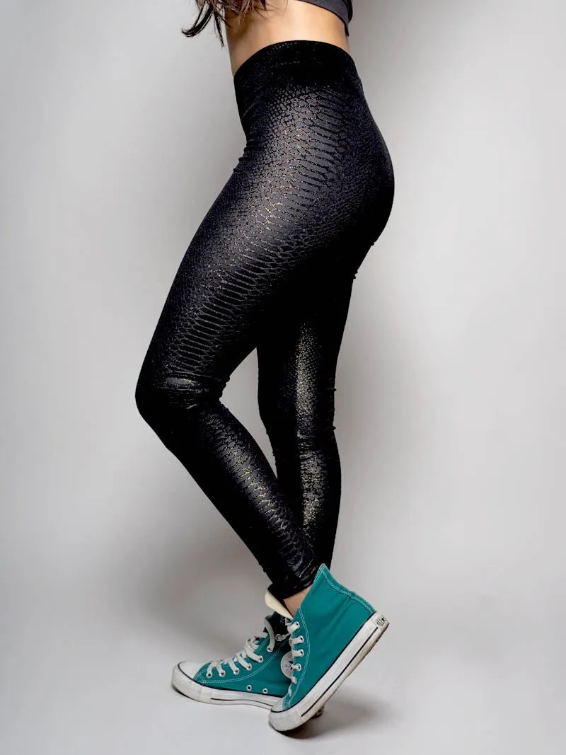 Women's Velvet Leggings | Black Metallic Snakeskin