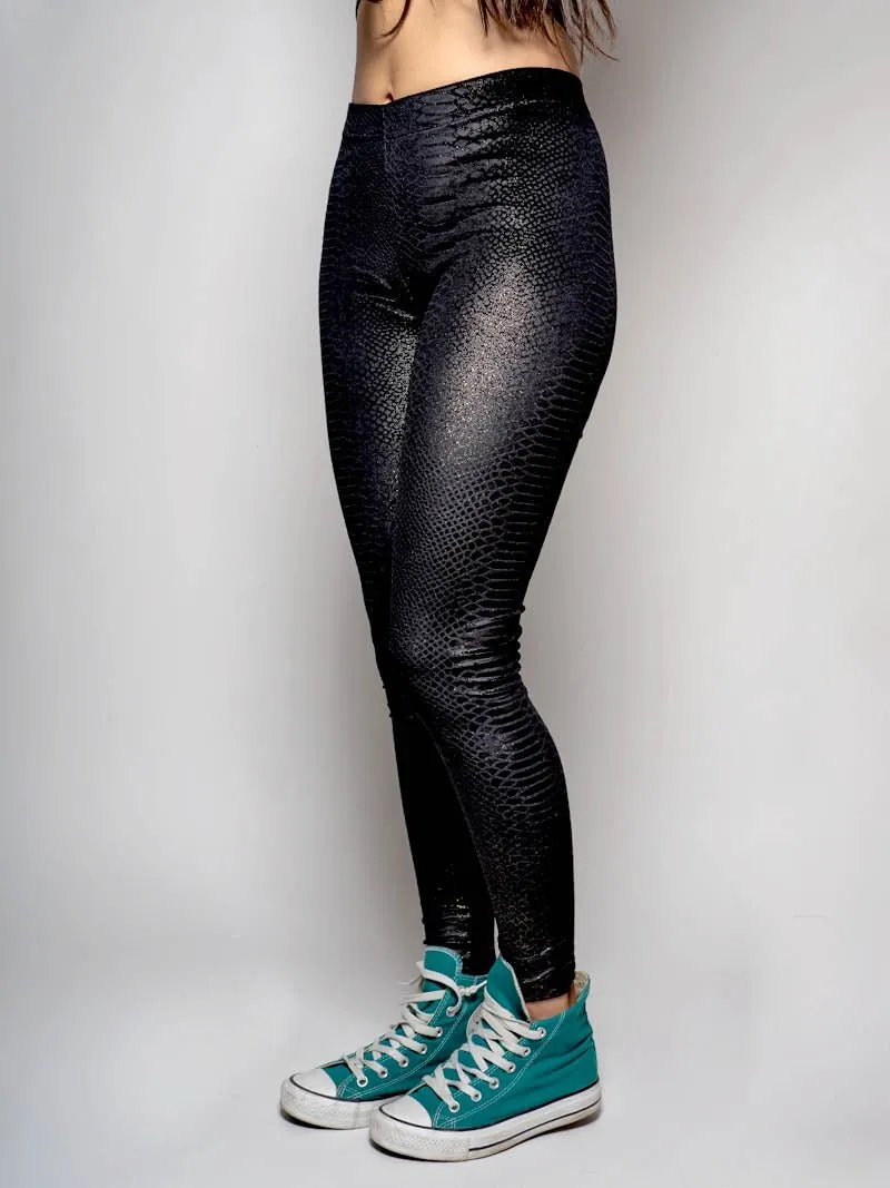 Women's Velvet Leggings | Black Metallic Snakeskin